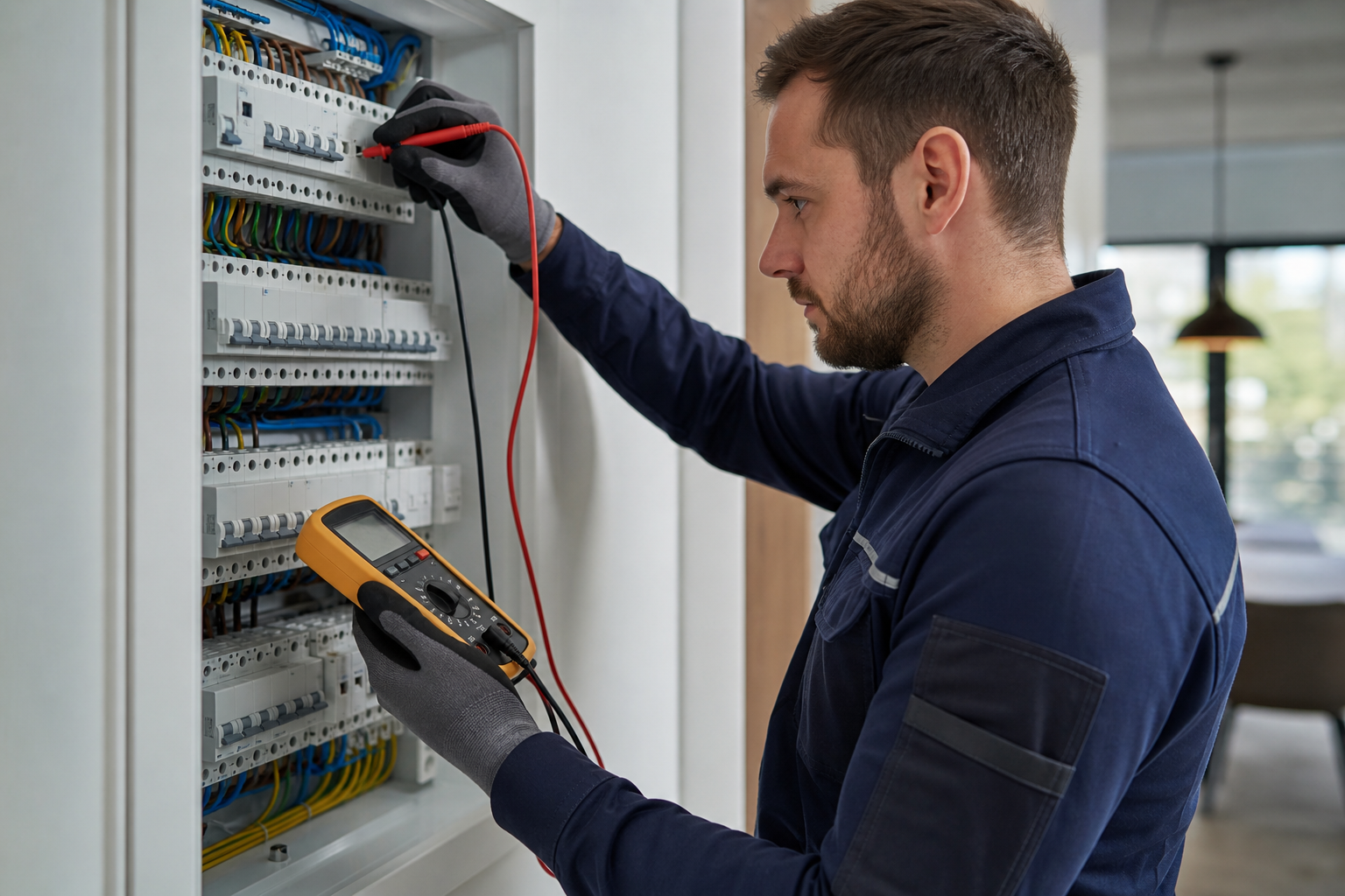 Illustratives Motiv eines Elektrikers bei der Prüfung einer Verteilung